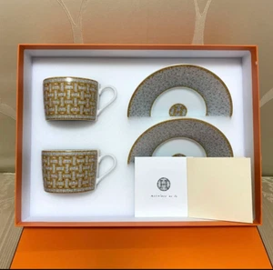 HERMES Mosaique Au 24 Tea Cup Saucer Tableware 2 set Gold Dinnerware Coffee - Picture 1 of 7