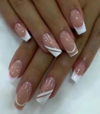 Ombre Nude False Nails White Mixmatched Swirls Mismatched Skin Tone Beige Cream - Image 1 of 4