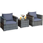 3 Pcs Patio Rattan Furniture Bistro Set Cushioned Sofa Chair Glass Table Garden