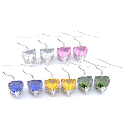 5 пар сережек в форме сердца с цитрином, белым, розовым, голубым топазом, перидотом, серебряными каплями - Изображение 1 из 4