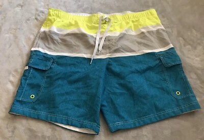 Pantalones Cortos OP Hawaiian Ocean Teal Gris Amarillo Rayas Para Hombres Talla LG Natación Usados   Foto 1 de 4
