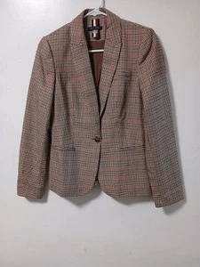 Tommy Hilfiger womens size 4 red camel brown houndstooth 4 season blazer - Picture 1 of 9