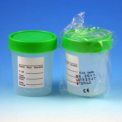 Globe 5913 Specimen Container 4oz Green cap and Tri-Lingual Lab steril Qty 100   Foto 1 de 1