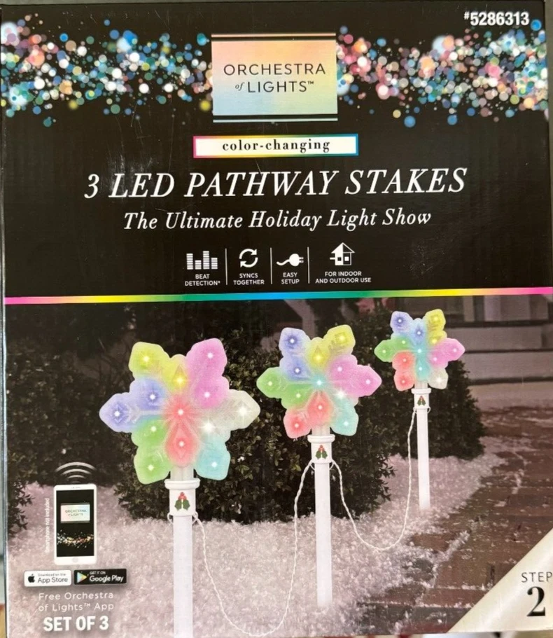 Gemmy Orchestra of Lights 3-Markers Snowflake Christmas Holiday Pathway Stakes