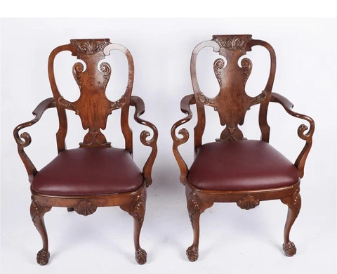 Pair Georgian Style Vintage Phoenix ￼Bird Arm Chairs Burgundy Leather Seats Cover