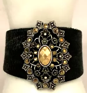Lucky Brand 8" Black Leather Cuff Bracelet w/Large 2" Rhinestone Medallion - Picture 1 of 9