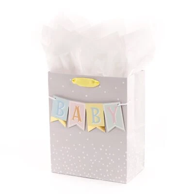 Hallmark 9" Medium Baby Gift Bag with Tissue Paper - Baby Banner in Grey, Pink - Image 1 of 4