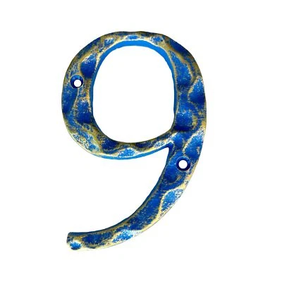 5 Inch Hammered Cast Iron House Number Gold Blue Mailbox Number 9 Easy Install - Image 1 of 4