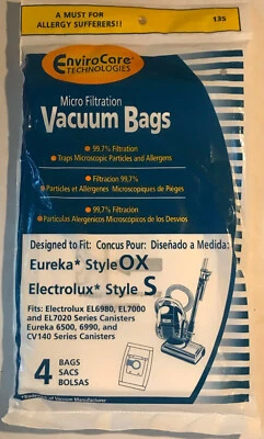EnviroCare ~ Vacuum Bags ~ Eureka Style OX/Electrolux Style S ~ 4 Pack ~ New - Image 1 of 2