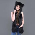 Faux Fur Animal Hat Scarf Gloves Mittens 3-in-3 Function Furry Hoodie Paws Ears