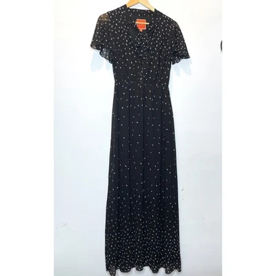 MODCLOTH Black Feather Print Maxi Dress with Tie Neck Flutter Sleeve Whimsigoth - Image 1 of 4