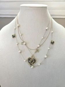 Betsy Johnson Triple Strand Gold Toned Neckace. Leopard Hearts and Faux Pearls. - Picture 1 of 11