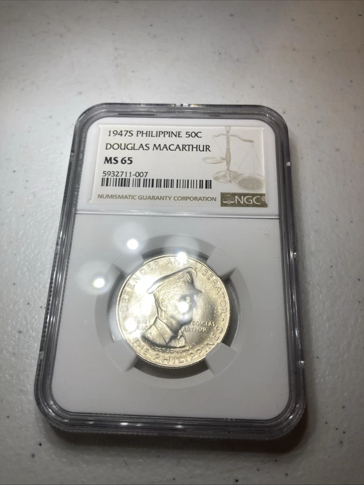 1947-S PHILIPPINES SILVER 50 CENTAVOS DOUGLAS MACARTHUR NGC MS 65! - Image 1 of 2