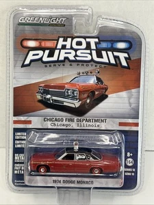 NIP GREENLIGHT 1:64 HOT PURSUIT 1974 DODGE MONACO CHICAGO FIRE DEPT RED CAR - Picture 1 of 12