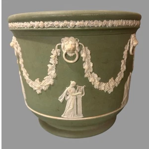 Antique Wedgwood Style Green Jasperware Porcelain 8" Jardiniere - Picture 1 of 9