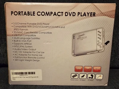 Reproductor de DVD portátil supersónico vintage SC-28B adaptador de CA de 2,0 canales nuevo en caja  Foto 1 de 4