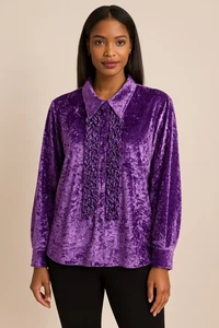 Lila Crushed Samt Rüschen vorne Bluse Damen Langarm XL Vintage - Bild 1 von 3