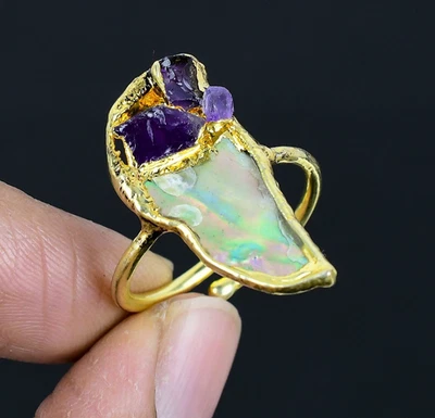 Anillo ajustable de amatista joyería electroformada de cobre 999 hecho a mano concha de abulón Foto 1 de 4