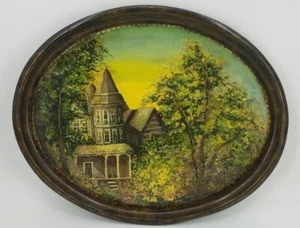 Vintage handbemaltes großes TOLE TABLETT Blech Metall OVAL 24"x20" Haus Bäume Sigrid Hobbs - Bild 1 von 12