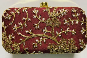Merlot GOLDEN SILK  box CLUTCH PURSE Hard Case Cocktail Evening Bag CRYSTAL USA - Picture 1 of 11
