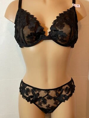 $109 VICTORIA'S SECRET Low Cut Demi BRA THONG Panty Set 38D L Satin Mesh Sheer - Image 1 of 3
