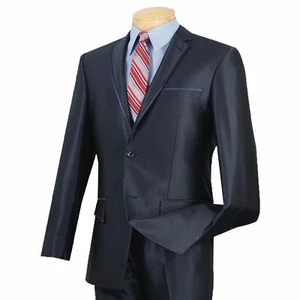 VINCI Men's Navy Blue Sharkskin 2 Button Slim Fit Suit w/ Contrast Trim NEW - Picture 1 of 2