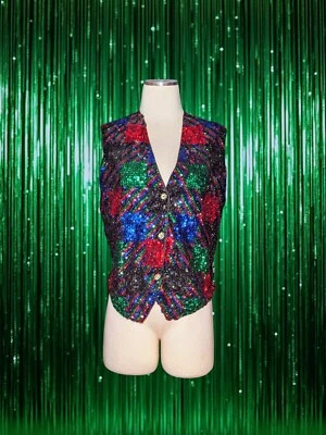 Chaleco de lentejuelas THEO Rojo Verde Azul Colorido VACACIONES Cuadros Fiesta Discoteca Mujer Mediano Foto 1 de 4