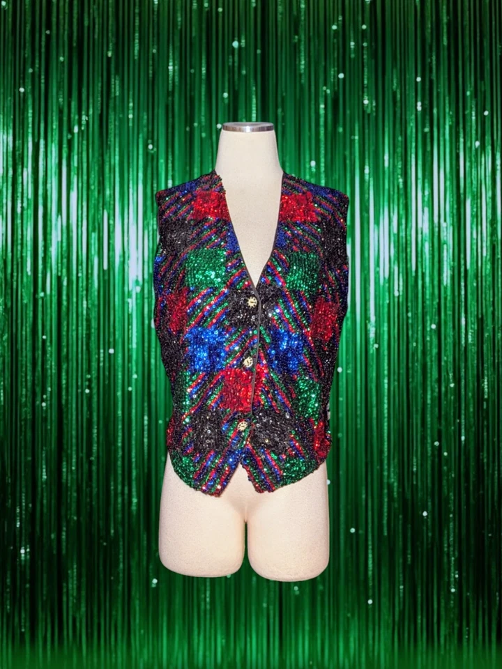 Chaleco de lentejuelas THEO Rojo Verde Azul Colorido VACACIONES Cuadros Fiesta Discoteca Mujer Mediano Foto 1 de 4