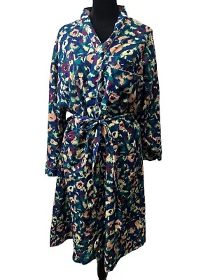 Bata vintage Olga azul floral satinado sedoso corbata frontal abierta talla pequeña con defectos Foto 1 de 4