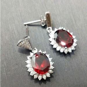 4 Ct Halo Shape Red Ruby & Diamond Drop & Dangle Earrings 18k White Gold Over