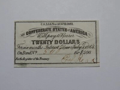$20 1861 Confederate Bond Coupon Certificate Currency Bank Note Bill UNC - Image 1 of 2