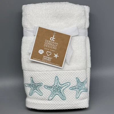 2pc Deborah Connolly Blue Starfish Hand Towel Set Embroidered Ocean Bathroom NEW - Image 1 of 4