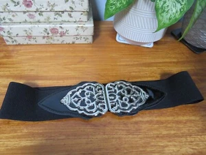 Marks & Spencer Ladies Elasticated Belt M Black Patent Silver Buckle Y2K Vintage - Picture 1 of 5