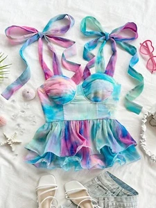 ๐ Watercolor Pastel Ruffle Peplum Top โ Tie-Shoulder Corset Bustier Style - Picture 1 of 9