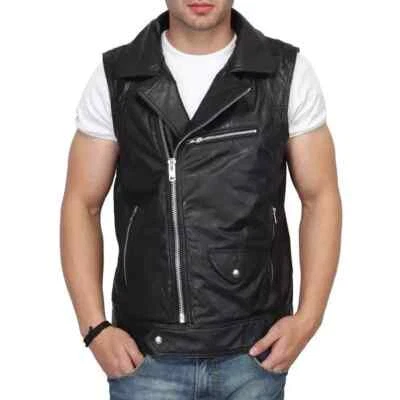 Men Vest Coat Black Handmade Leather Genuine Lambskin Designer Casual Soft Biker - Image 1 of 4