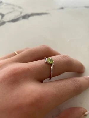 Natural Green Peridot and Diamonds Gemstone Minimalist Ring in 14k White Gold - Image 1 of 4