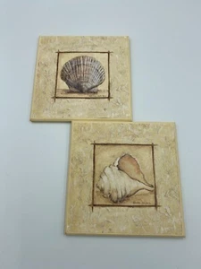 Kate McRostie Clam and Conch Seashell Print. Wall Hanging Decor Plaque. Lot of 2 - Picture 1 of 3
