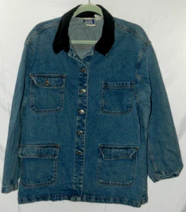 Vintage 80s-90s Bill Blass Women's Blue Denim Jacket Size L Black Velvet Collar - Picture 1 of 8