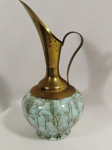 Vtg Delft Holland? 8” Brass/Marbled Ceramic Pitcher Vase Hand Painted Blue Gold - Picture 1 of 9