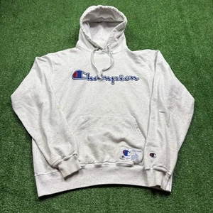 Vintage Champion Hoodie Large Sweatshirt Grau Spruch Logo Tasche Herren " - Bild 1 von 8