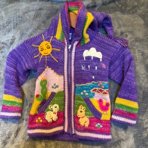 Andes Import Alpaca Cardigan Child size 4 Hooded Embroidered Peru Zip Sweater - Picture 1 of 17