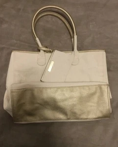 Ralph Lauren Canvas Tote Bag & Wristlet Ivory Purse w Metallic Gold Trim Lined - Bild 1 von 8