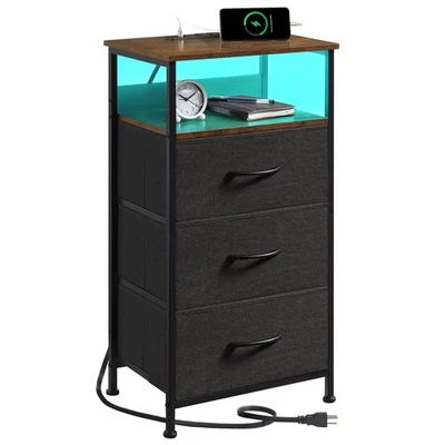 Black Nightstand with Charging Station and LED Light for Bedroom, Tall 3 Draw... - Image 1 of 4