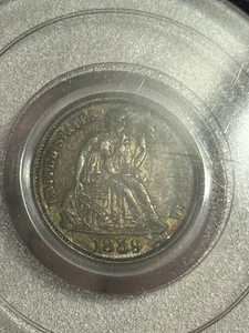 Moneda de diez centavos sentada 1889 graduación profesional AU55 buen tono - Imagen 1 de 5