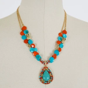 KOHL'S "COLOR" GOLD, ORANGE & AQUA Beaded NECKLACE Turquoise TEARDROP PENDANT - Picture 1 of 9