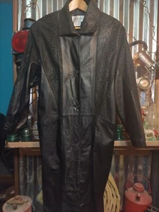 Vintage 80s 90s Charles Klein Long Black Leather Trench Coat Duster Jacket Sz M - Picture 1 of 21