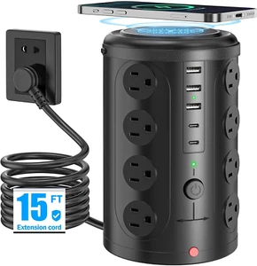 Tower Power Strip with 15W Wireless Charger, 15FT Extension Cord with Multiple O - Picture 1 of 12