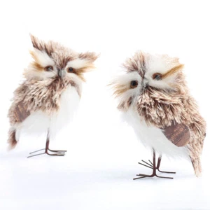 Set of 2 Lifelike Detailed Artificial Brown 4-1/2" Standing Furry Owls - Picture 1 of 4