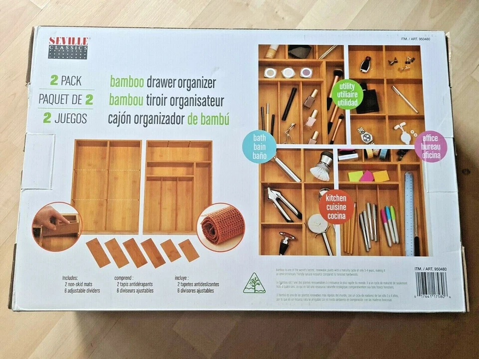 Seville Classics Bamboo Drawer Organizer 2 Pack Adjustable With Nonskid Mats
