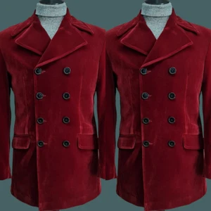 Burgundy Velvet Men Double-breasted Winter Party Formal Tuxedos Retro Jacket - Picture 1 of 6